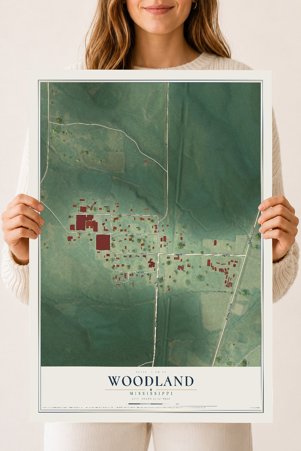 Map of Woodland, Mississippi, 18 x 24 inch unframed archival matte print