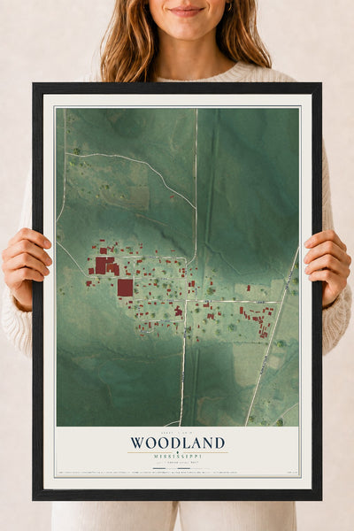 Map of Woodland, Mississippi, 18 x 24 inch print in a black wood frame
