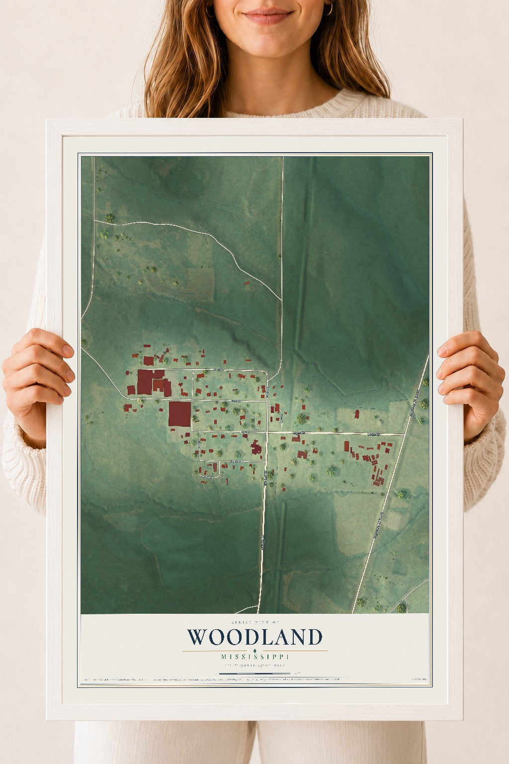 Map of Woodland, Mississippi, 18 x 24 inch print in a white wood frame