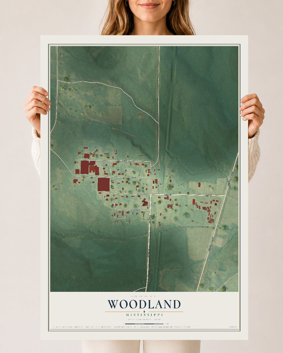 Map of Woodland, Mississippi, 24 x 36 inch unframed archival matte print