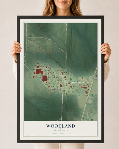 Map of Woodland, Mississippi, 24 x 36 inch print in a black wood frame