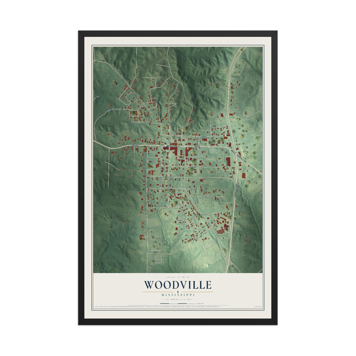 Map of Woodville, Mississippi, 12 x 18 inch print in a black wood frame