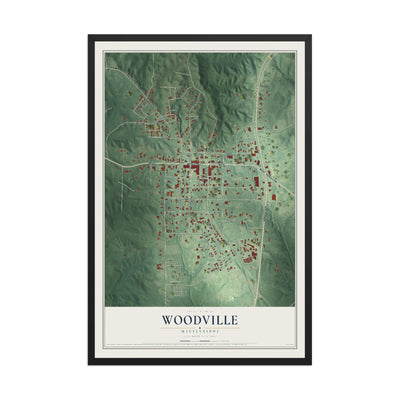Map of Woodville, Mississippi, 12 x 18 inch print in a black wood frame