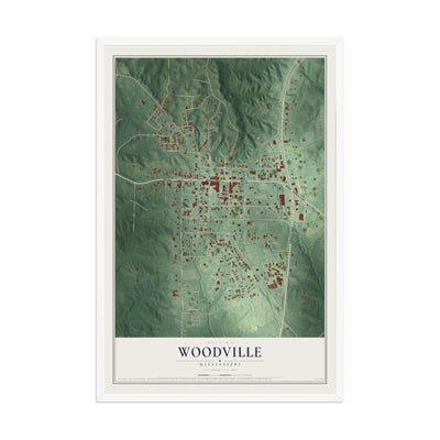 Map of Woodville, Mississippi, 12 x 18 inch print in a white wood frame