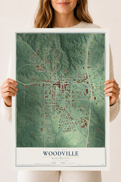 Map of Woodville, Mississippi, 18 x 24 inch unframed archival matte print