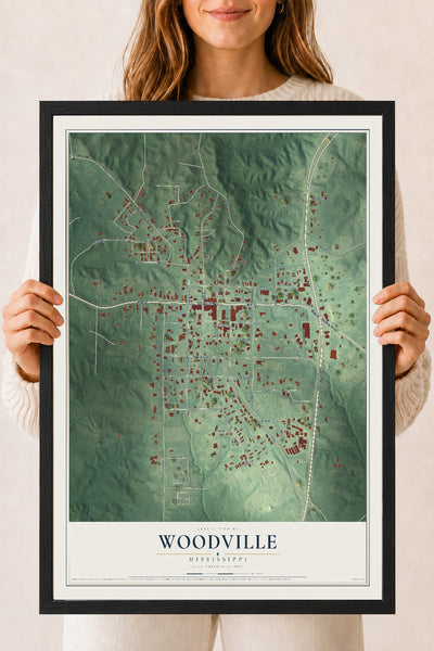 Map of Woodville, Mississippi, 18 x 24 inch print in a black wood frame