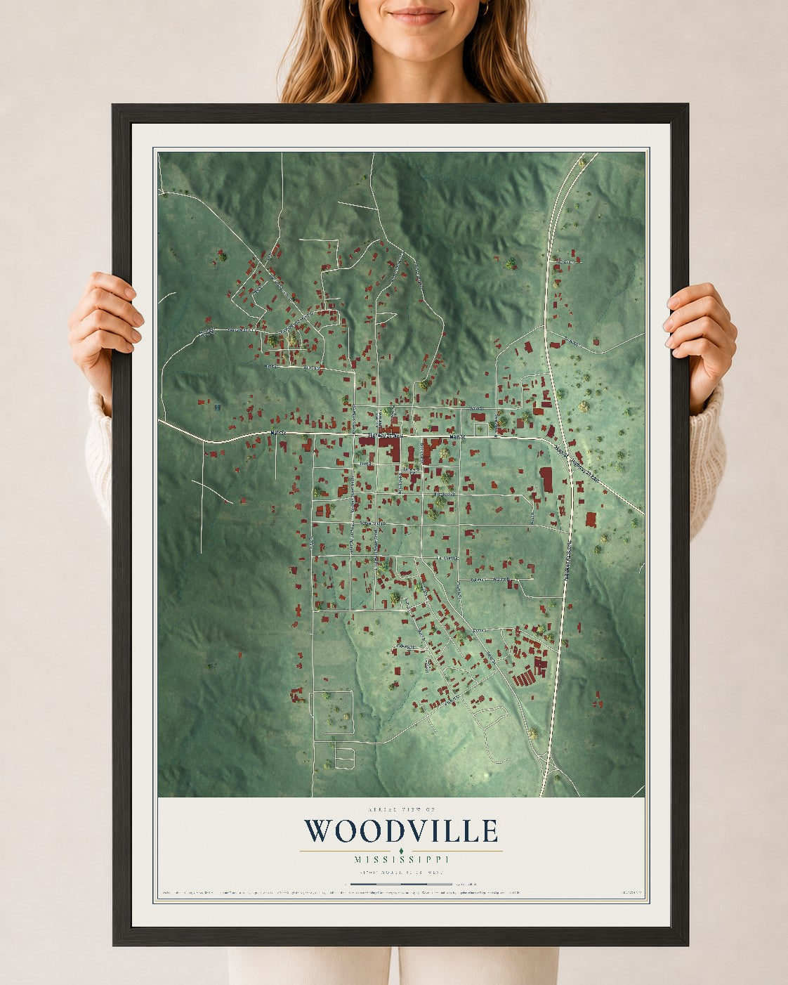 Map of Woodville, Mississippi, 24 x 36 inch print in a black wood frame