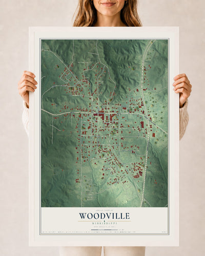 Map of Woodville, Mississippi, 24 x 36 inch print in a white wood frame