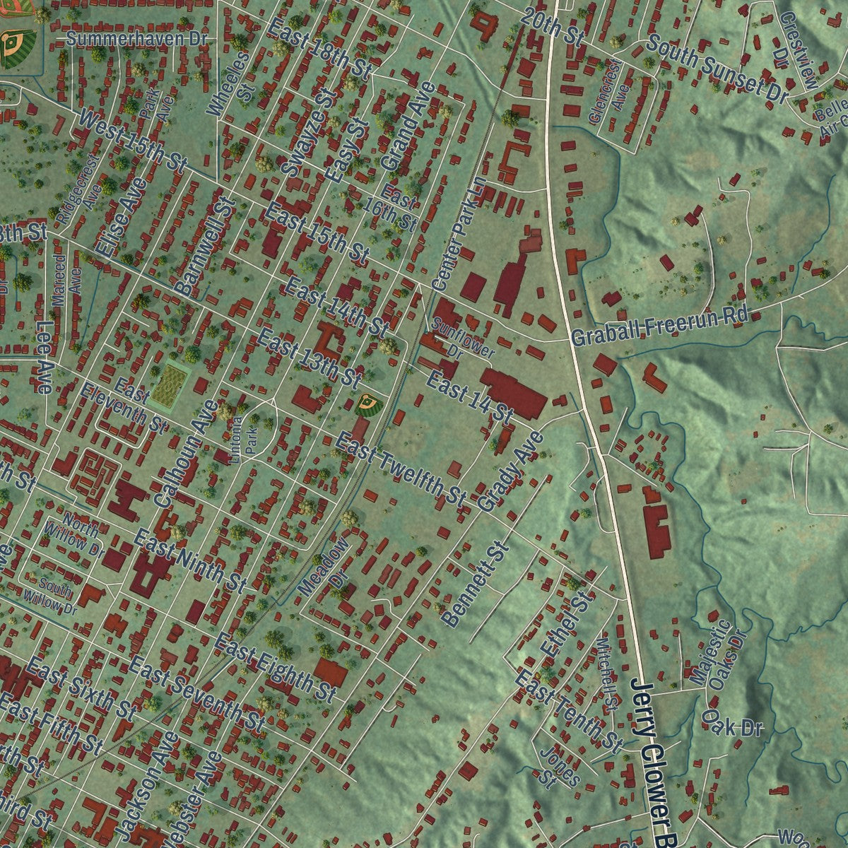 Close-up of the map of Yazoo City, Mississippi print showing street and building detail