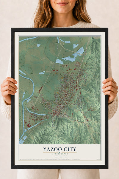 Map of Yazoo City, Mississippi, 18 x 24 inch print in a black wood frame