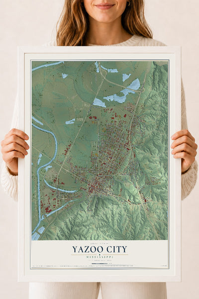 Map of Yazoo City, Mississippi, 18 x 24 inch print in a white wood frame