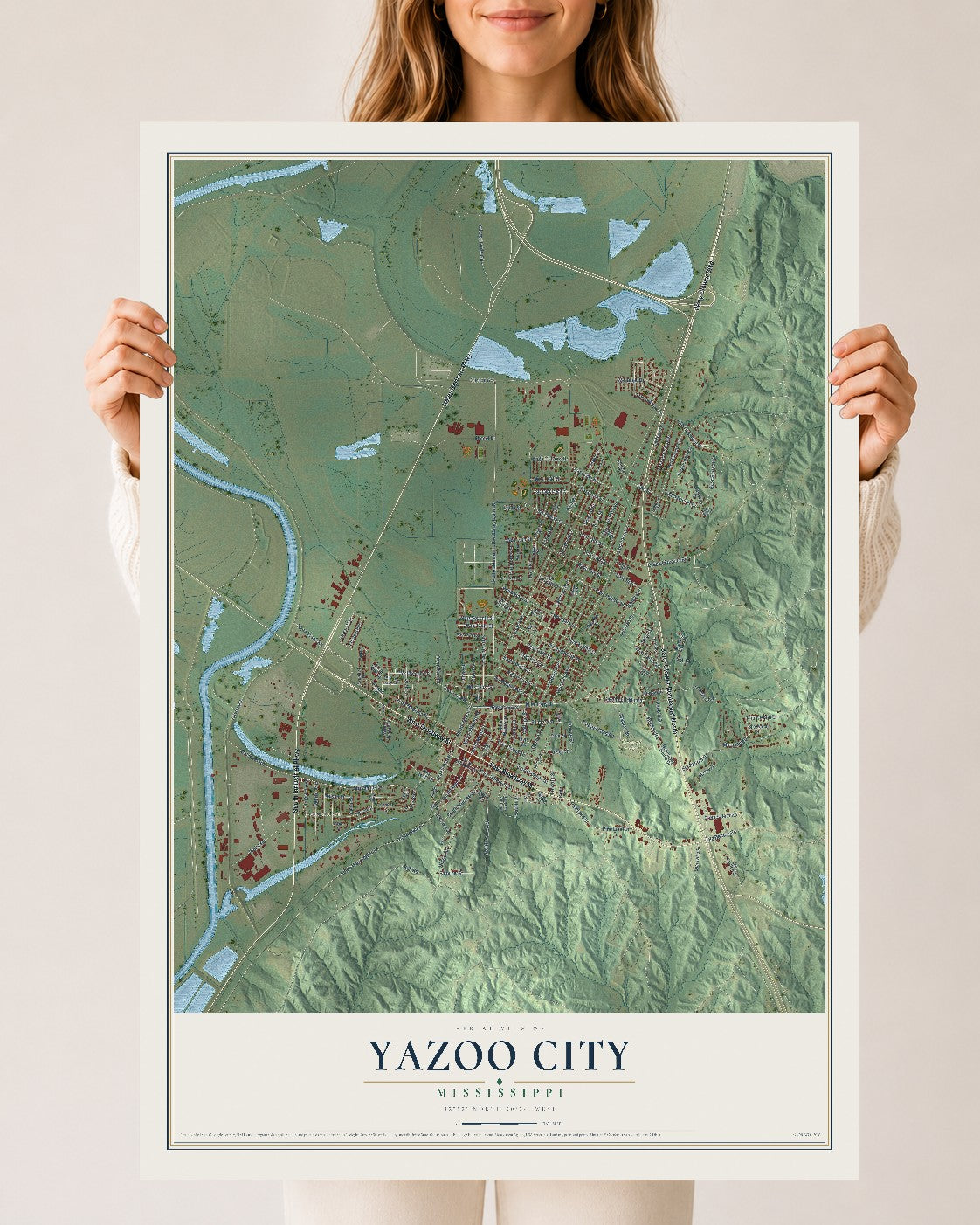 Map of Yazoo City, Mississippi, 24 x 36 inch unframed archival matte print
