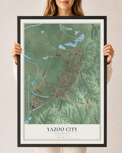 Map of Yazoo City, Mississippi, 24 x 36 inch print in a black wood frame