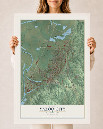 Map of Yazoo City, Mississippi, 24 x 36 inch print in a white wood frame