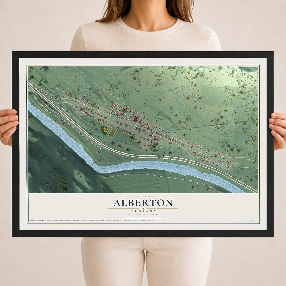 Map of Alberton, Montana, 18 x 24 inch print in a black wood frame