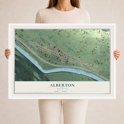 Map of Alberton, Montana, 24 x 36 inch print in a white wood frame