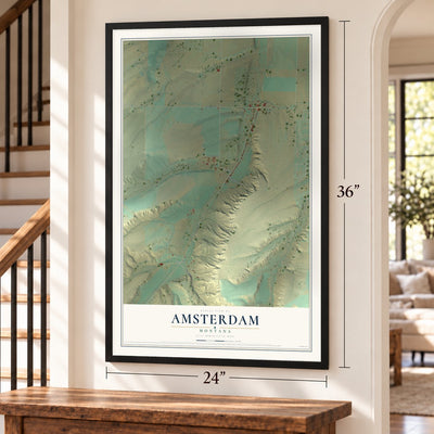 Amsterdam, Montana map, 24 x 36 inch print in a black frame by a staircase