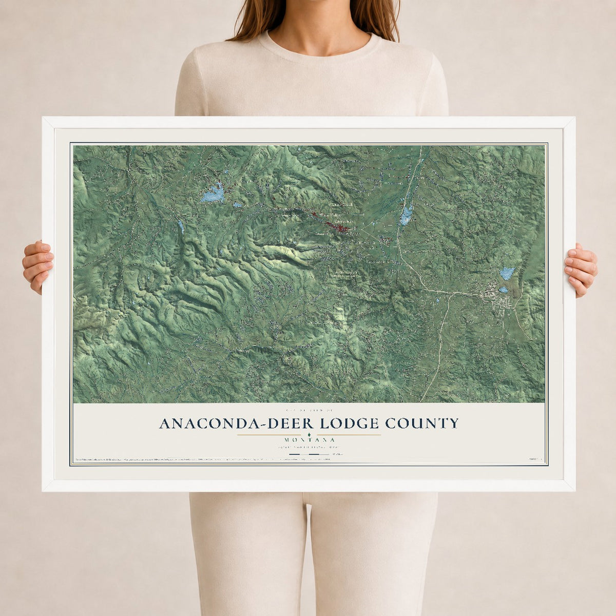 Map of Anaconda-Deer Lodge County, Montana, 24 x 36 inch print in a white wood frame