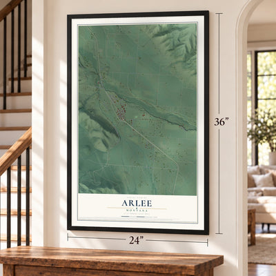Arlee, Montana map, 24 x 36 inch print in a black frame by a staircase