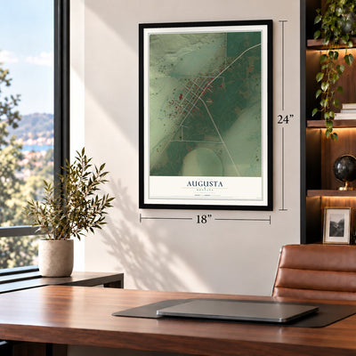 Augusta, Montana map, 18 x 24 inch print in a black frame in a home office