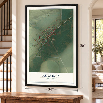 Augusta, Montana map, 24 x 36 inch print in a black frame by a staircase
