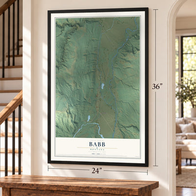 Babb, Montana map, 24 x 36 inch print in a black frame by a staircase