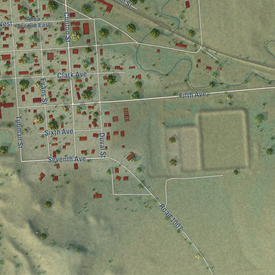 Close-up of the map of Bainville, Montana print showing street and building detail