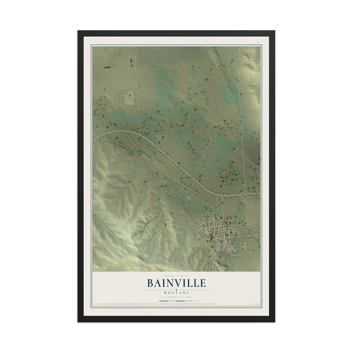 Map of Bainville, Montana, 12 x 18 inch print in a black wood frame