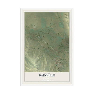 Map of Bainville, Montana, 12 x 18 inch print in a white wood frame