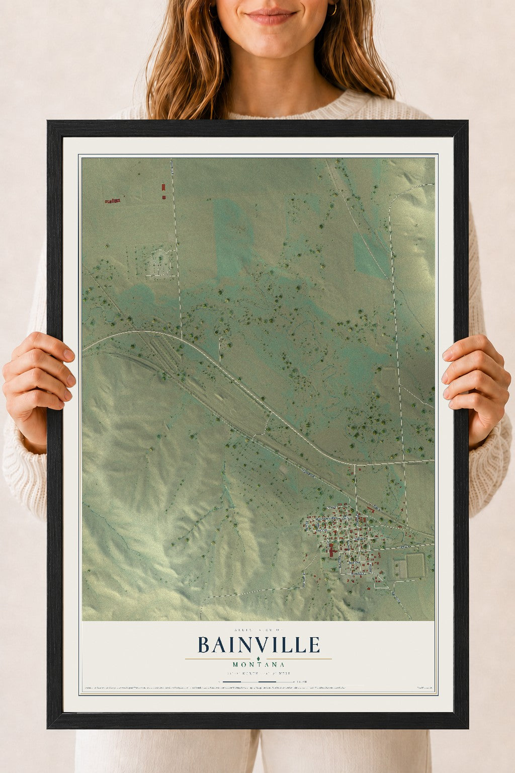 Map of Bainville, Montana, 18 x 24 inch print in a black wood frame