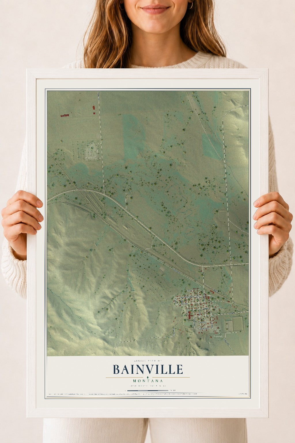 Map of Bainville, Montana, 18 x 24 inch print in a white wood frame