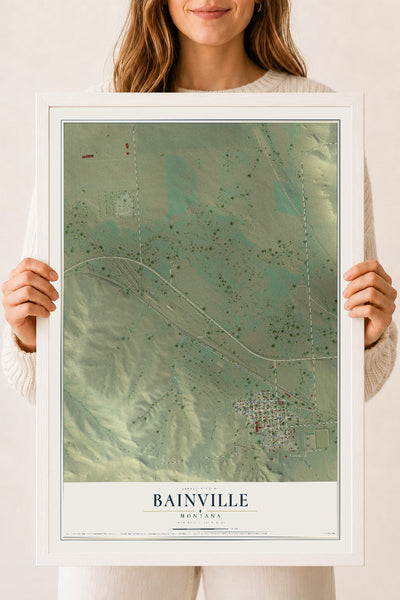 Map of Bainville, Montana, 18 x 24 inch print in a white wood frame