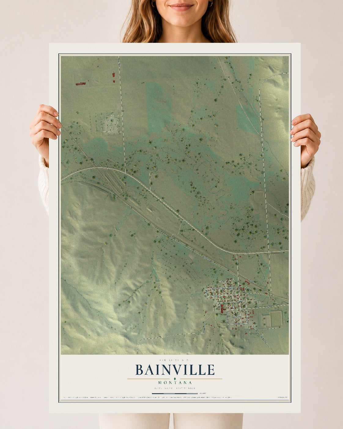 Map of Bainville, Montana, 24 x 36 inch unframed archival matte print