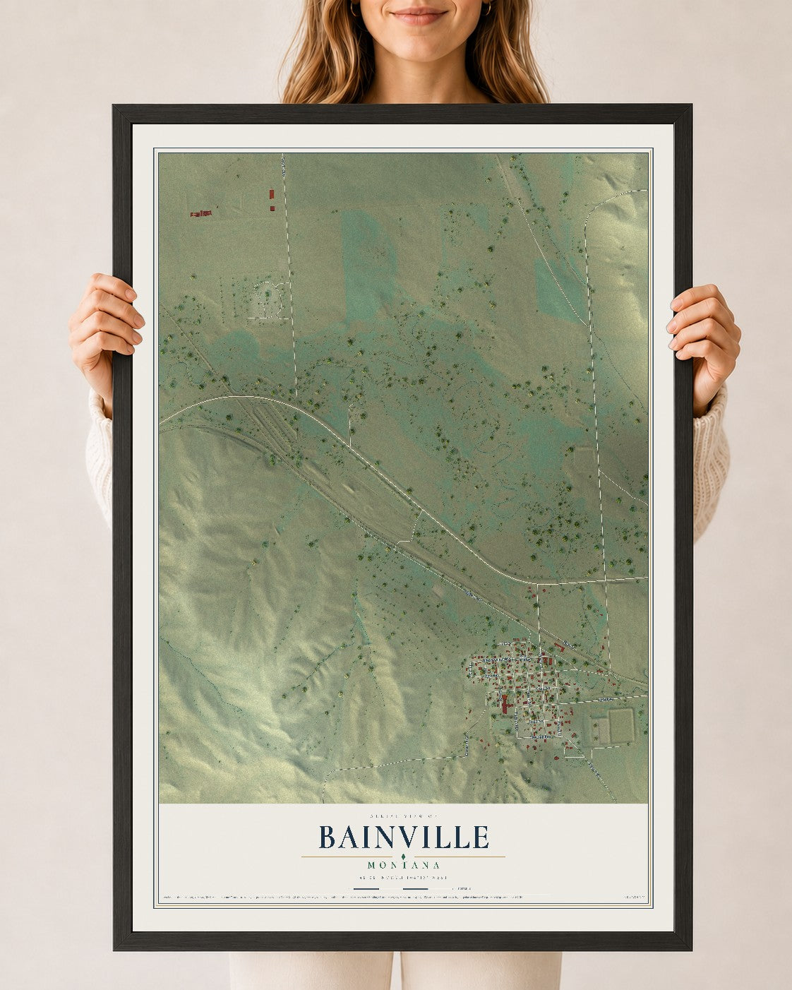 Map of Bainville, Montana, 24 x 36 inch print in a black wood frame