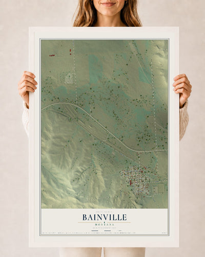 Map of Bainville, Montana, 24 x 36 inch print in a white wood frame