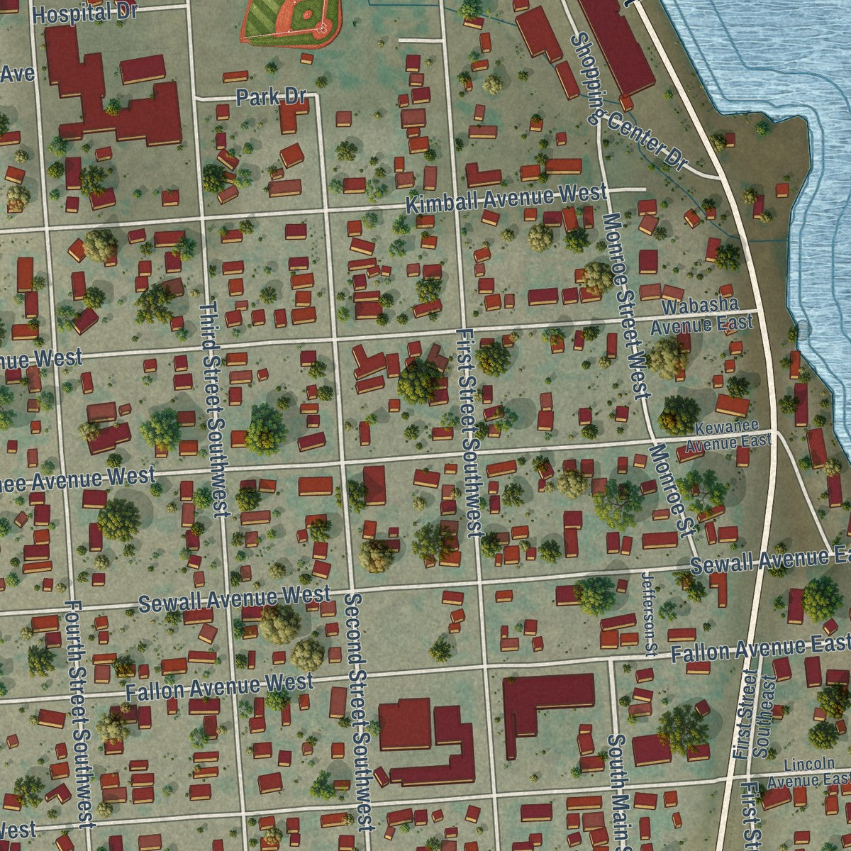 Close-up of the map of Baker, Montana print showing street and building detail