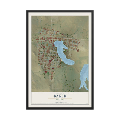Map of Baker, Montana, 12 x 18 inch print in a black wood frame