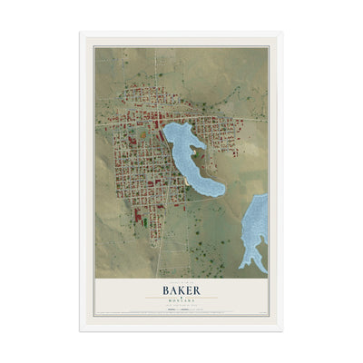 Map of Baker, Montana, 12 x 18 inch print in a white wood frame