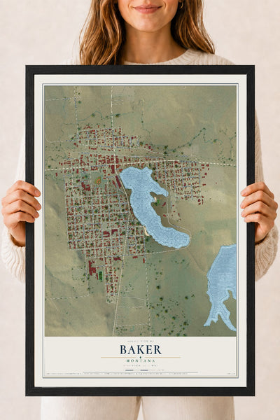 Map of Baker, Montana, 18 x 24 inch print in a black wood frame