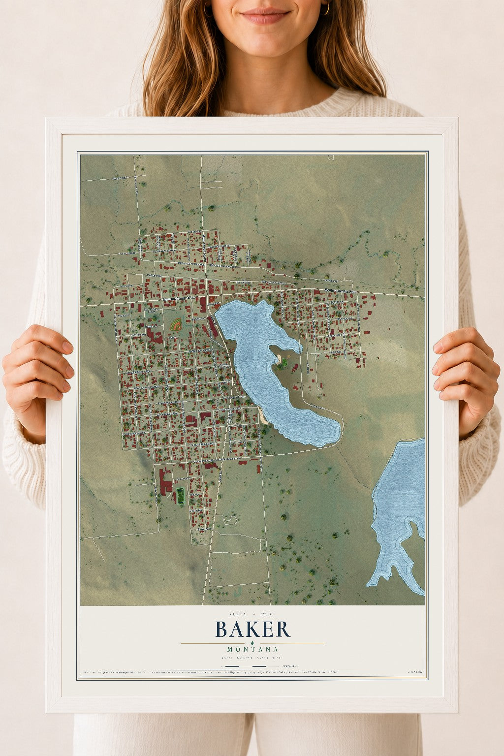 Map of Baker, Montana, 18 x 24 inch print in a white wood frame