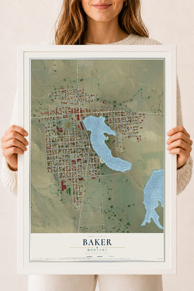 Map of Baker, Montana, 18 x 24 inch print in a white wood frame