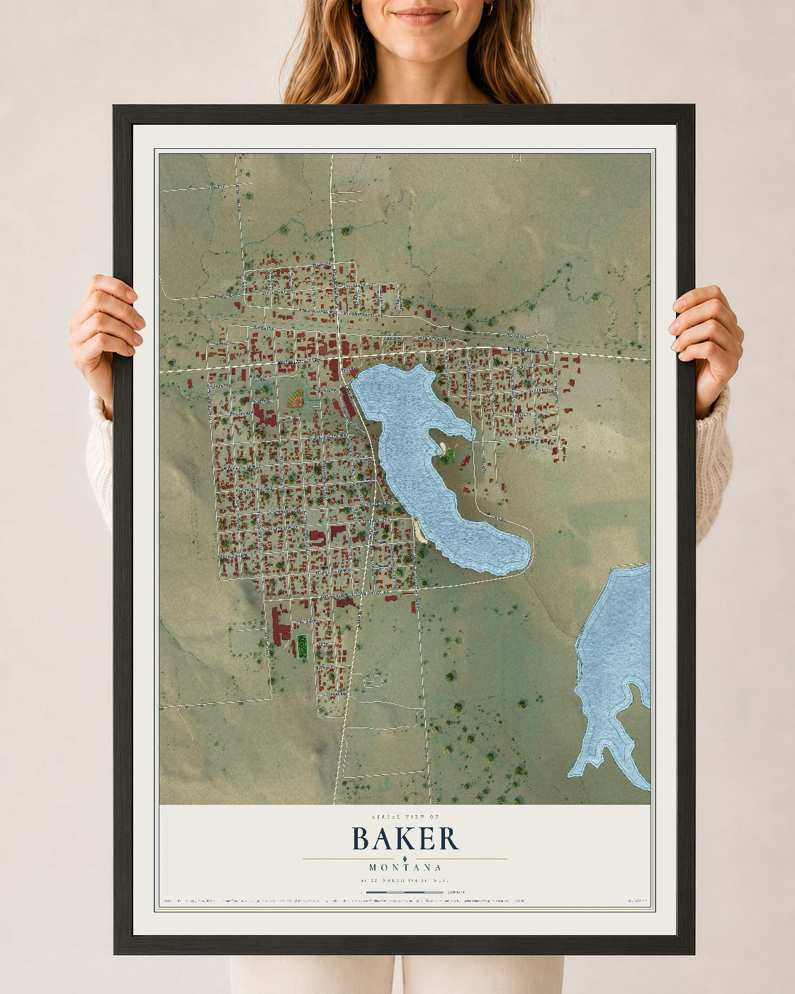 Map of Baker, Montana, 24 x 36 inch print in a black wood frame