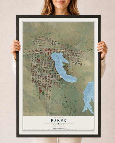 Map of Baker, Montana, 24 x 36 inch print in a black wood frame