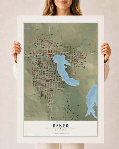 Map of Baker, Montana, 24 x 36 inch print in a white wood frame