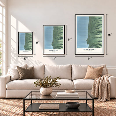 Bear Dance, Montana map in 12 x 18, 18 x 24 and 24 x 36 inch sizes above a sofa