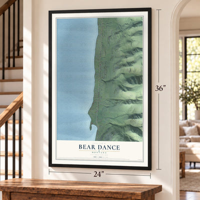 Bear Dance, Montana map, 24 x 36 inch print in a black frame by a staircase
