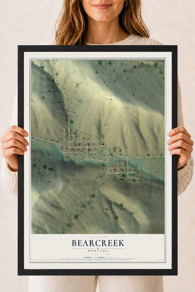 Map of Bearcreek, Montana, 18 x 24 inch print in a black wood frame