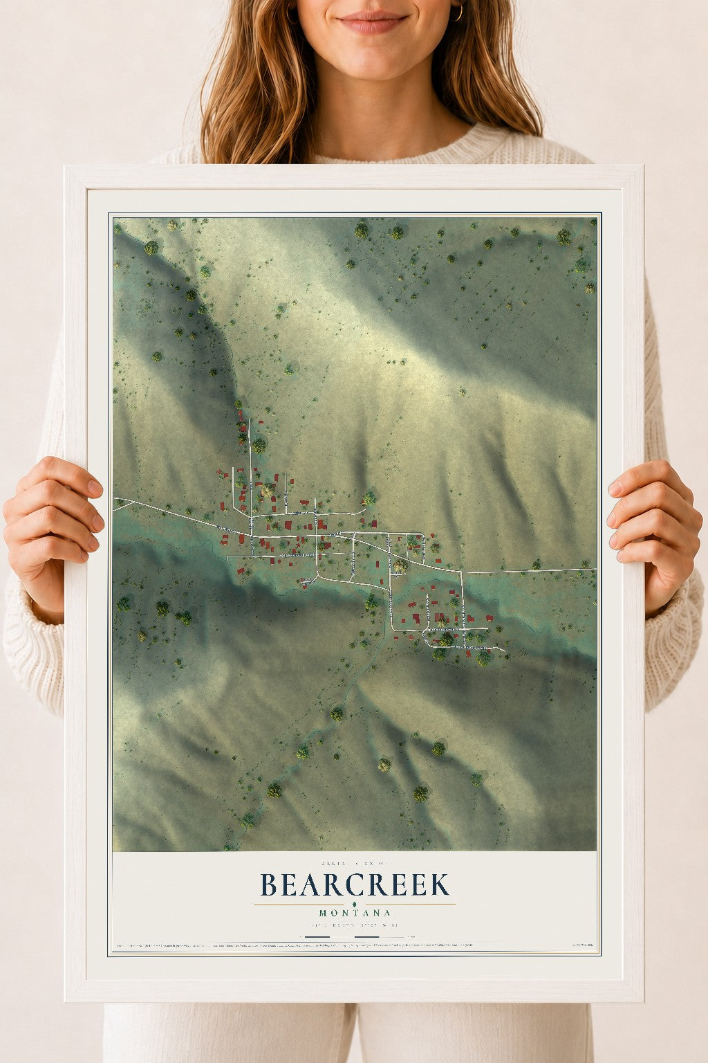 Map of Bearcreek, Montana, 18 x 24 inch print in a white wood frame
