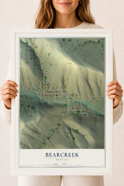 Map of Bearcreek, Montana, 18 x 24 inch print in a white wood frame