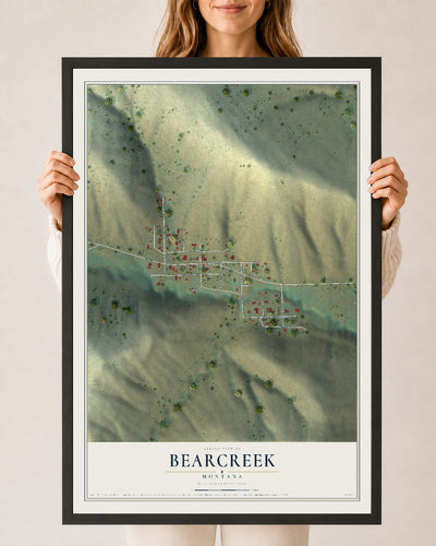 Map of Bearcreek, Montana, 24 x 36 inch print in a black wood frame